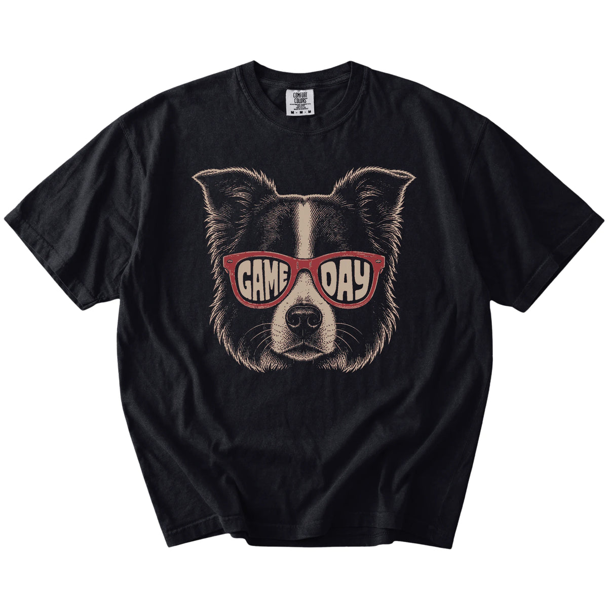 Border Collie wearing red Game Day sunglasses on a Black Comfort Colors® T-shirt