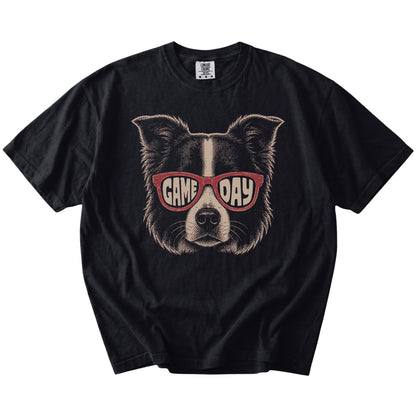 Border Collie wearing red Game Day sunglasses on a Black Comfort Colors® T-shirt