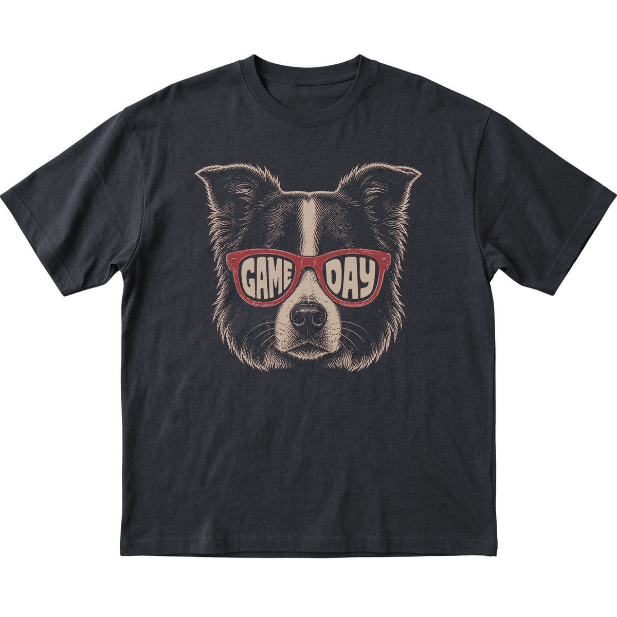 Black Border Collie Game Day Sunglasses T-shirt, laid flat
