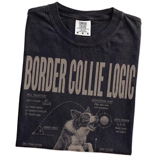 Folded Black Border Collie Logic T-Shirt showing the graphic