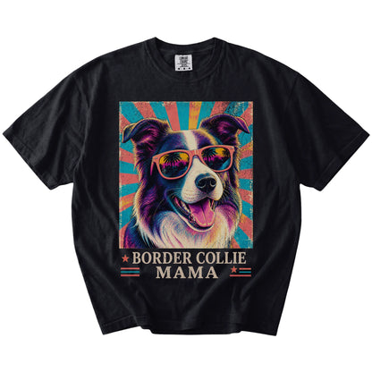 Retro Border Collie Mama design on a Black Comfort Colors T-shirt