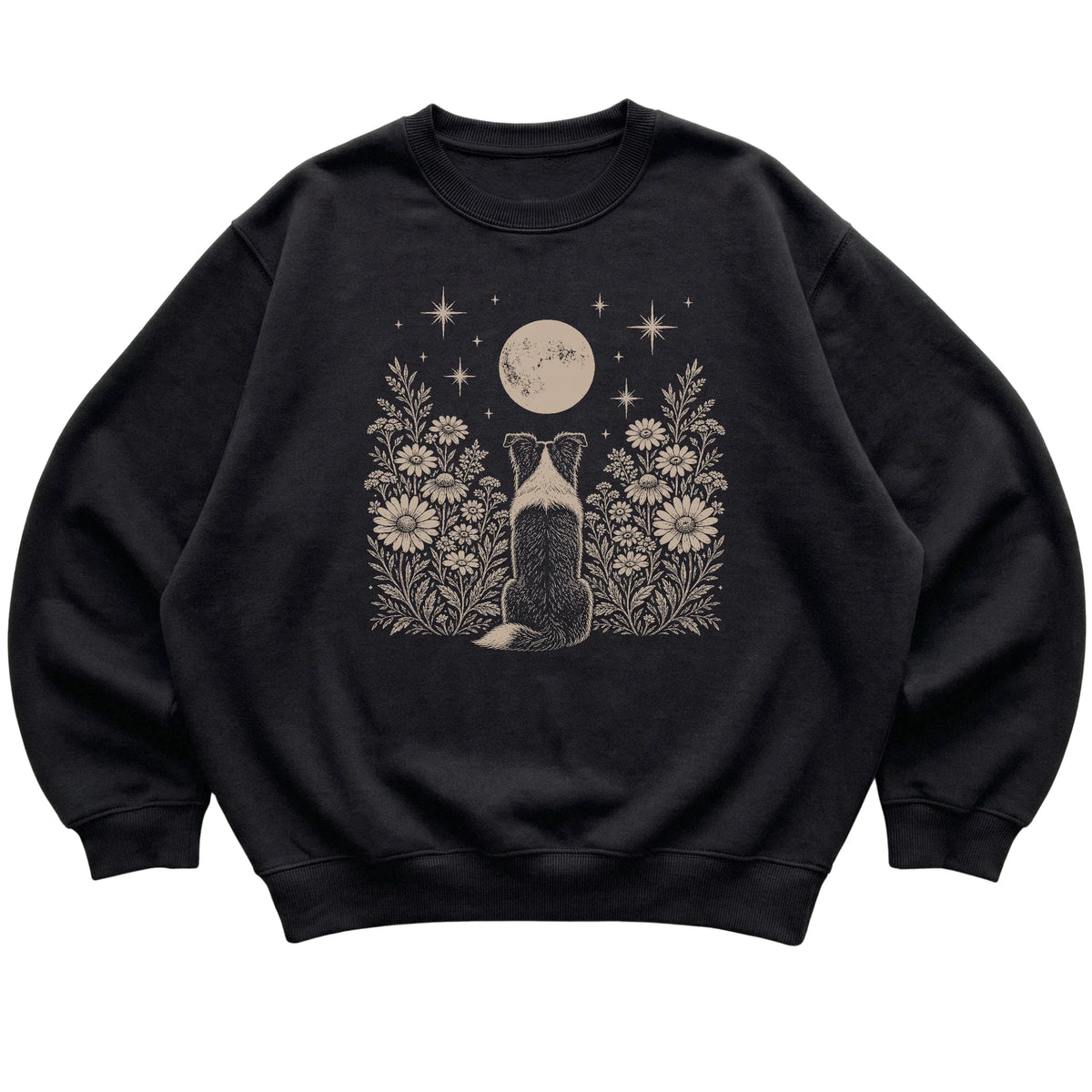 Black crewneck sweatshirt featuring Wildflower Moon Border Collie, laid-flat presentation