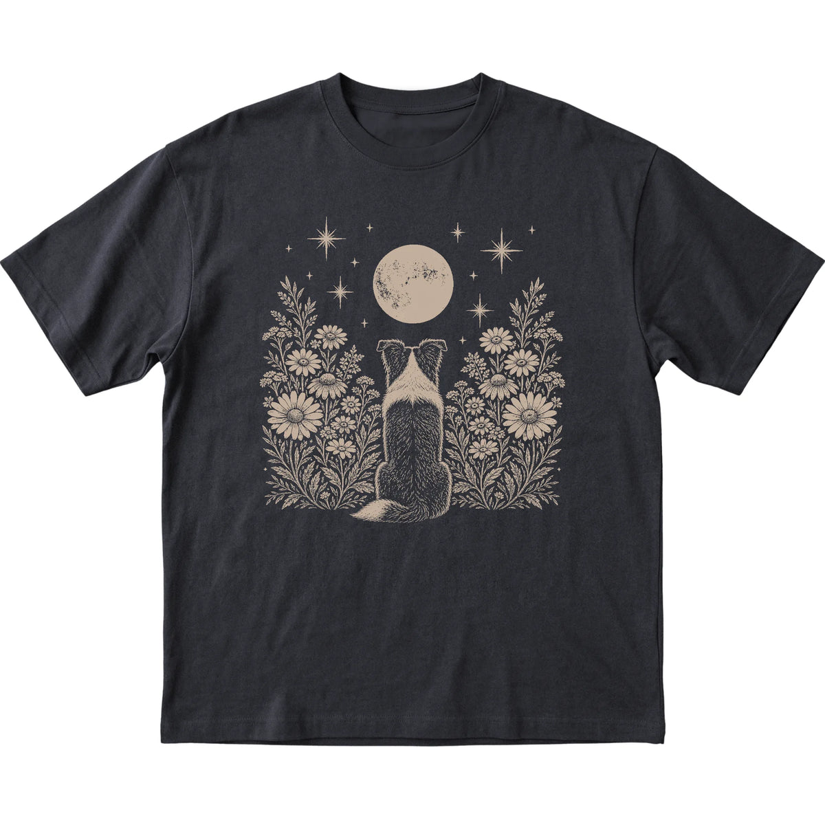 Black T-shirt featuring Wildflower Moon Border Collie, laid-flat presentation