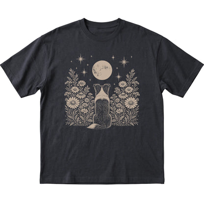 Black T-shirt featuring Wildflower Moon Border Collie, laid-flat presentation