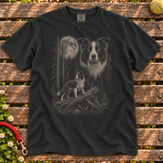 Border Collie Moonlit Forest design on a Black T-shirt shown flat