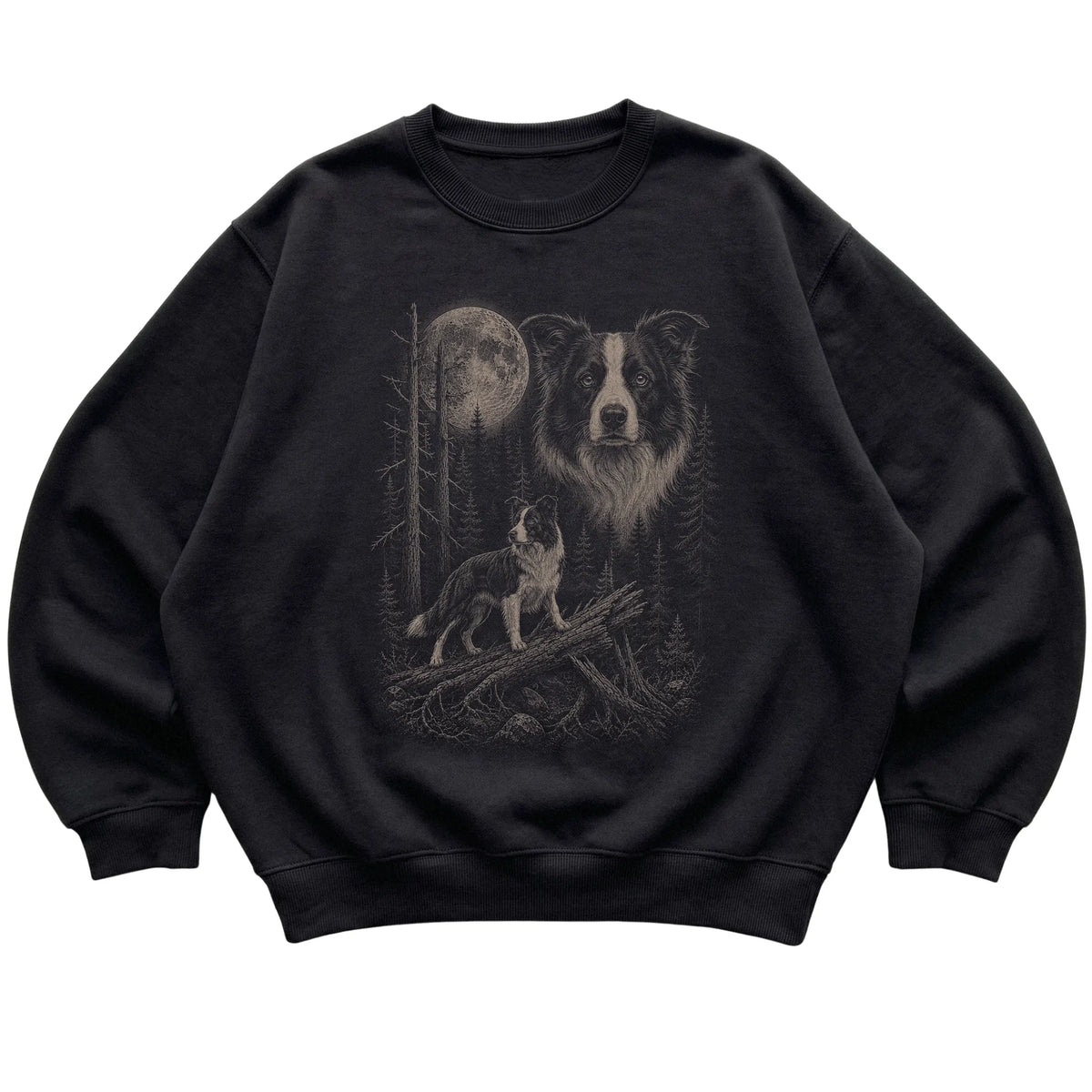 Border Collie Moonlit Forest graphic on a black crewneck sweatshirt laid flat