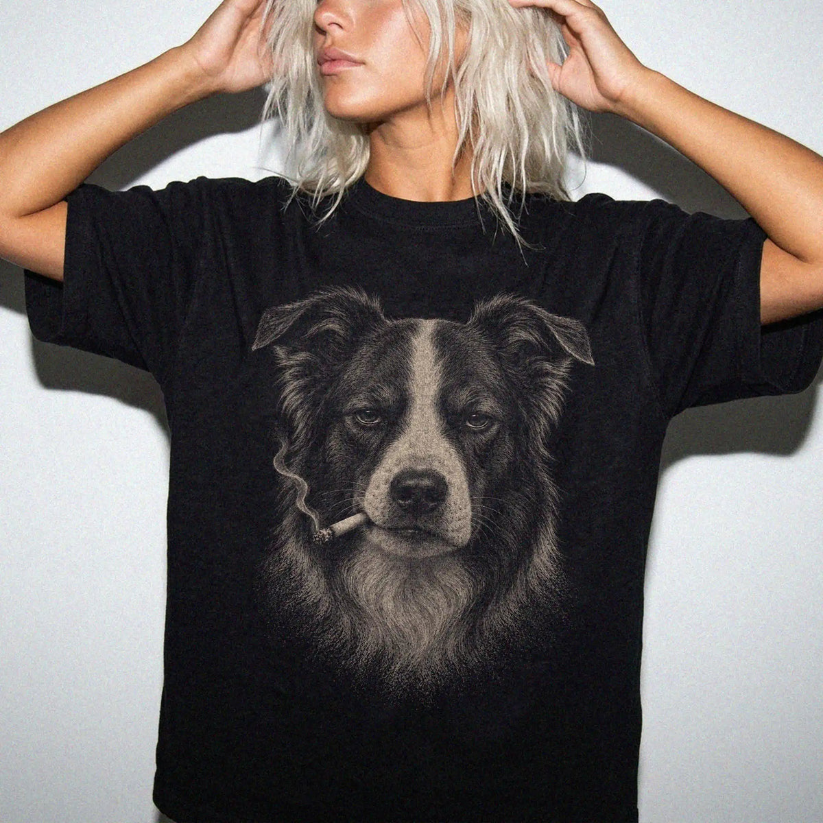 Model wearing a Border Collie smoking design on a Black t-shirt