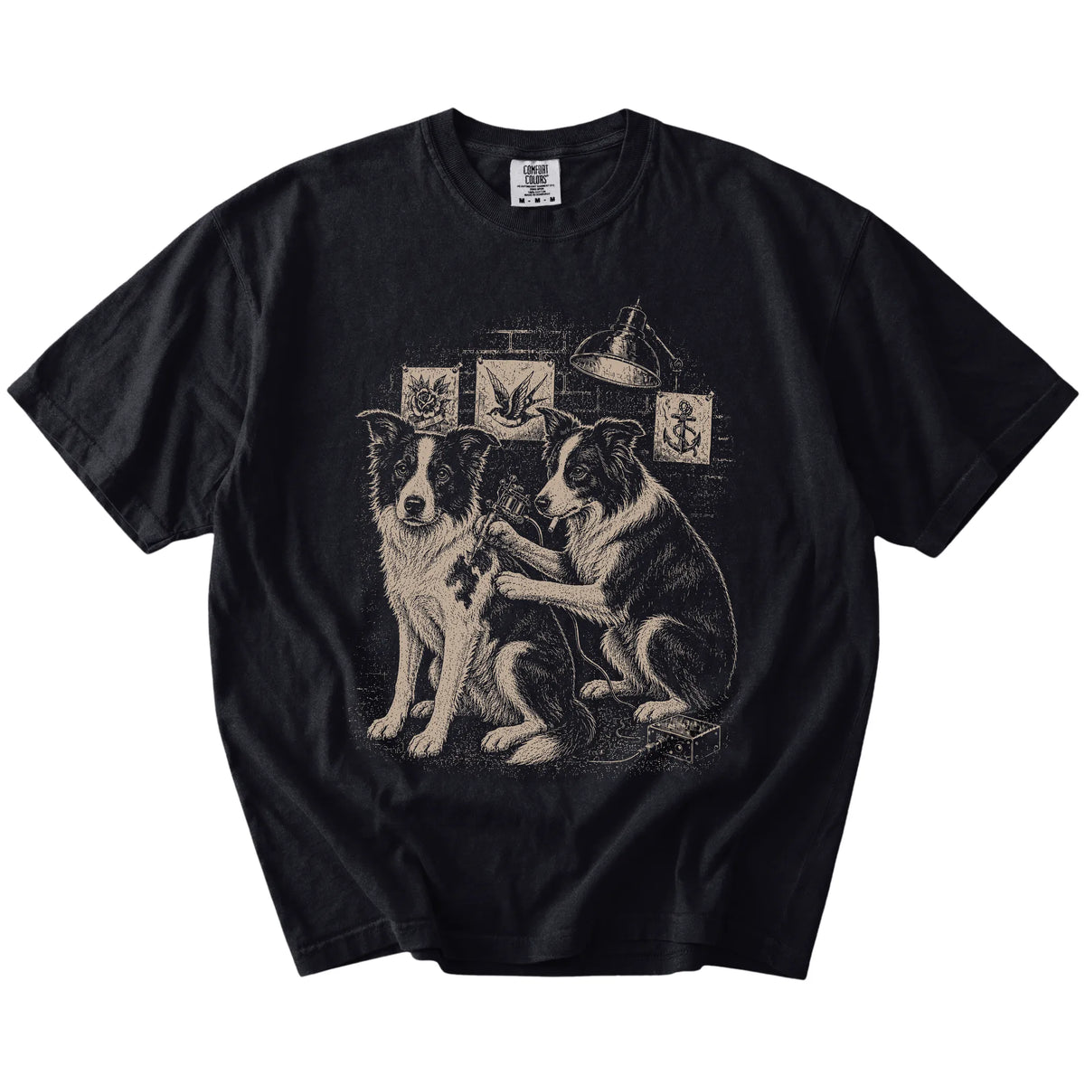 Black Border Collie Tattoo t-shirt laid flat