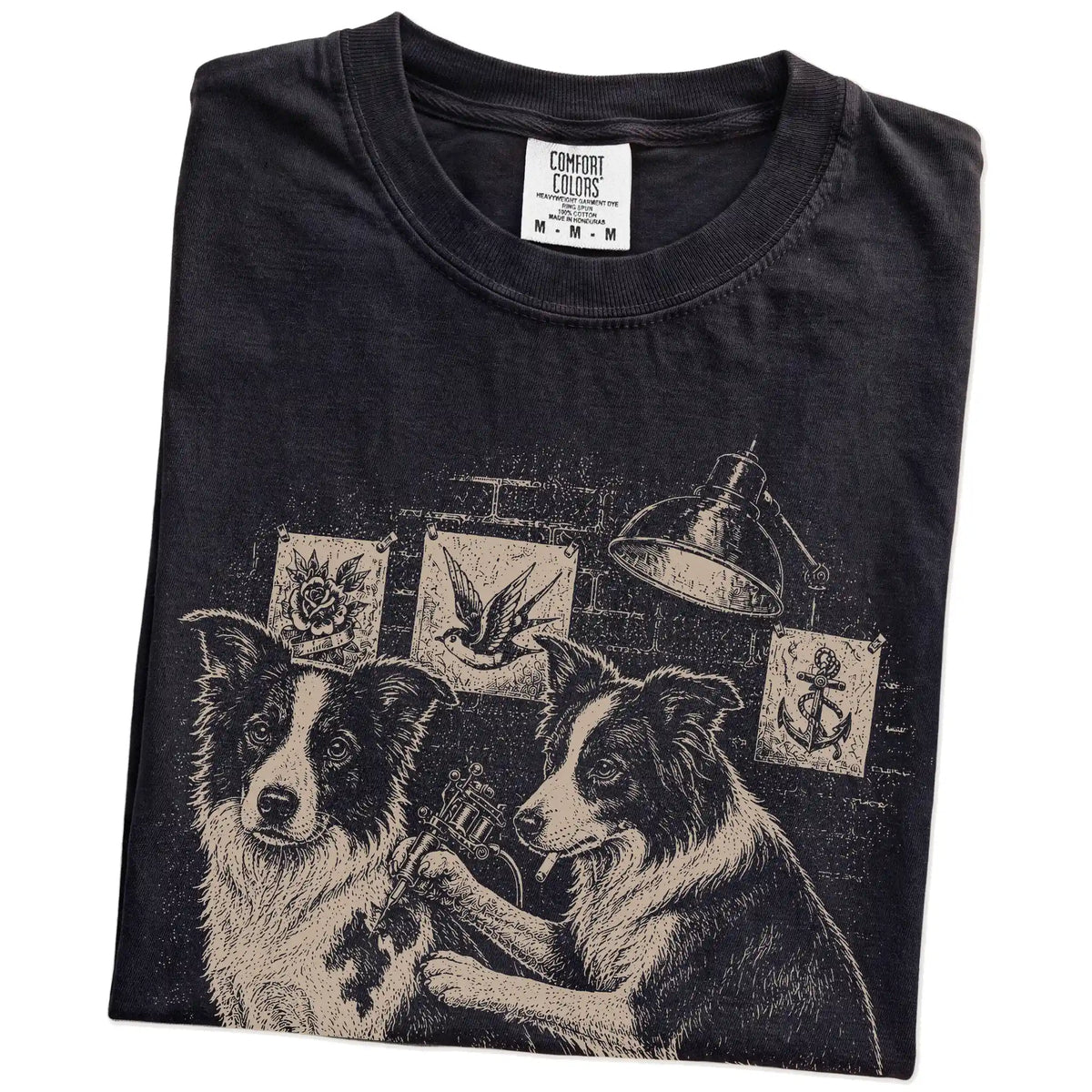 Folded Black Border Collie Tattoo t-shirt showing the graphic