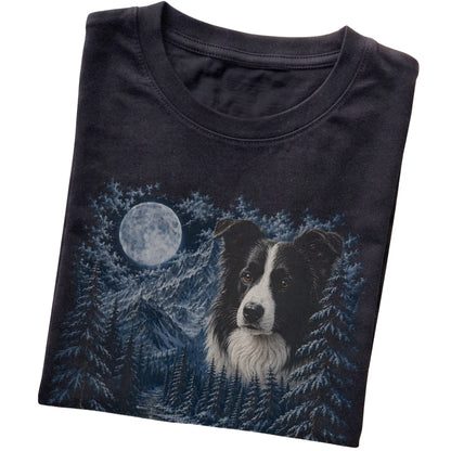 Folded black T-shirt with Border Collie Winter Moon artwork.