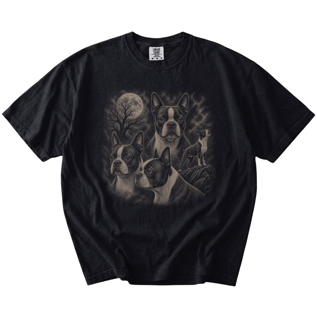 Vintage moon montage featuring Boston Terrier on a Black Comfort Colors® T-shirt