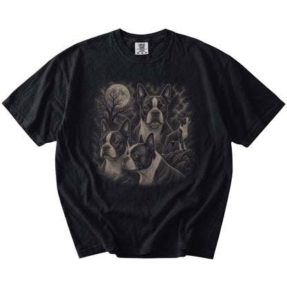 Vintage moon montage featuring Boston Terrier on a Black Comfort Colors® T-shirt