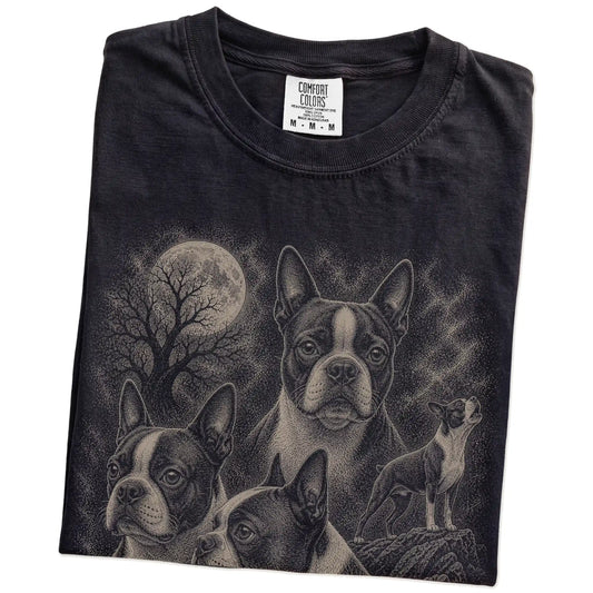 Folded Black Comfort Colors® T-shirt showing a vintage moon montage featuring Boston Terrier