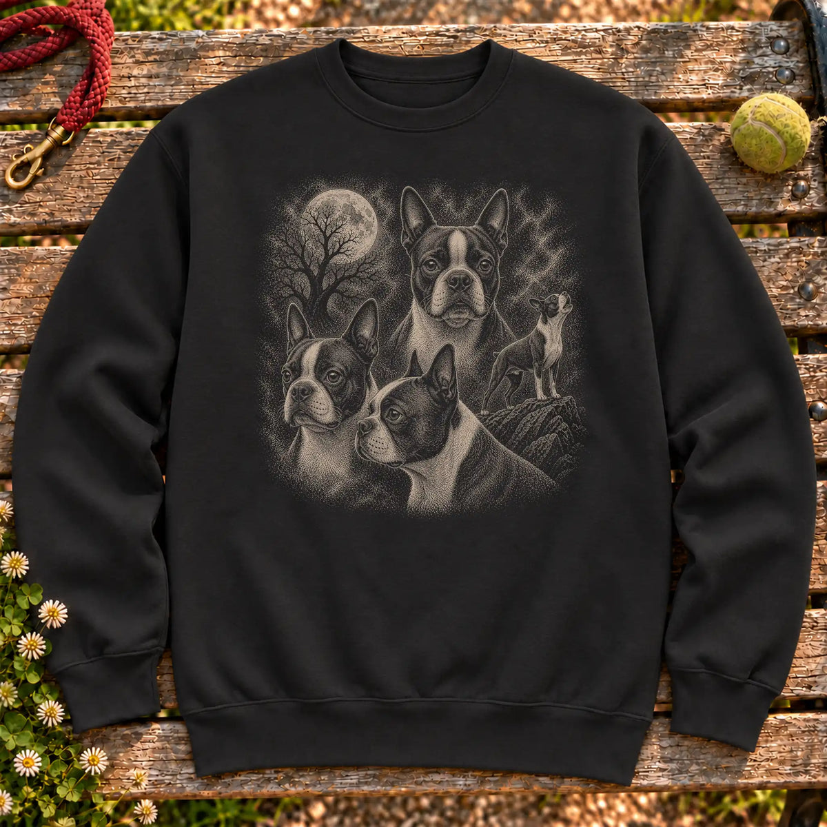 Boston Terrier 90s Moon design on a Black crewneck sweatshirt shown flat