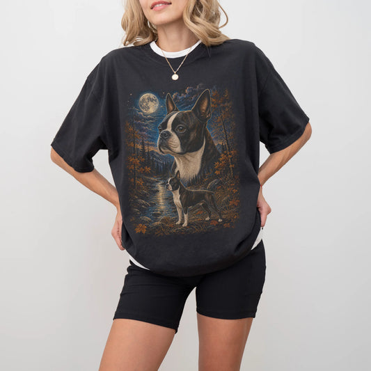 Model wearing a black T-shirt with Boston Terrier Autumn Moon artwork.