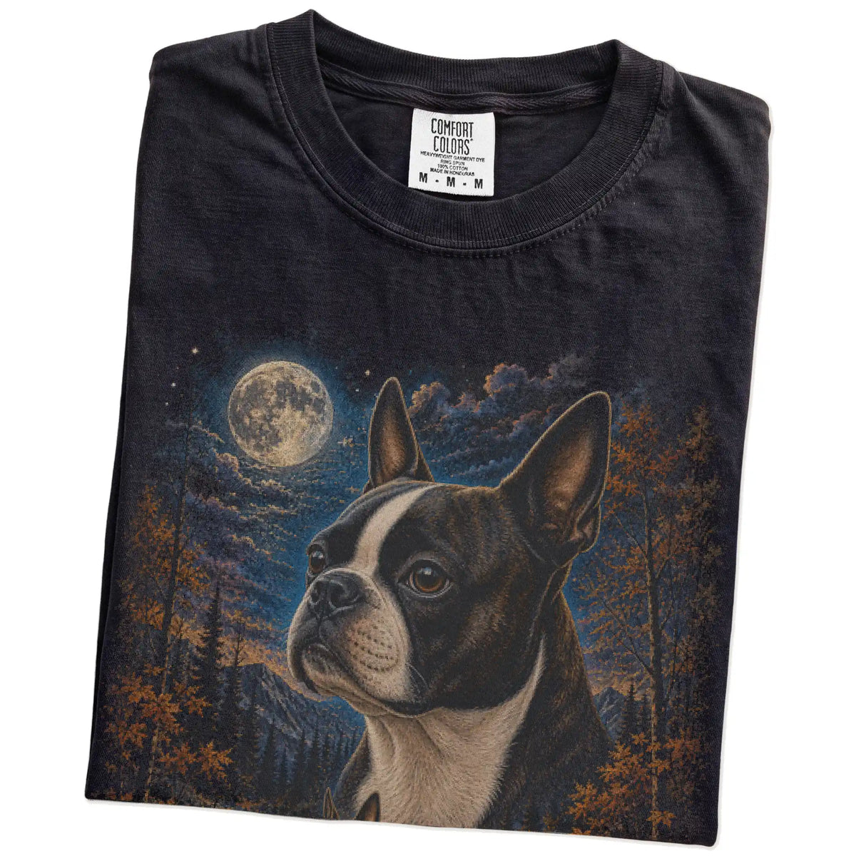 Folded black T-shirt with Boston Terrier Autumn Moon artwork.