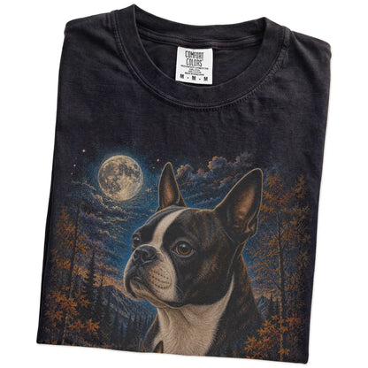 Folded black T-shirt with Boston Terrier Autumn Moon artwork.