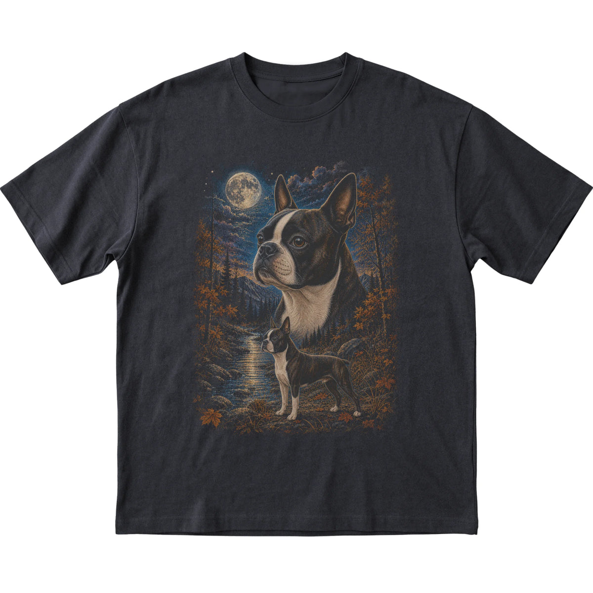 black T-shirt with Boston Terrier Autumn Moon artwork.
