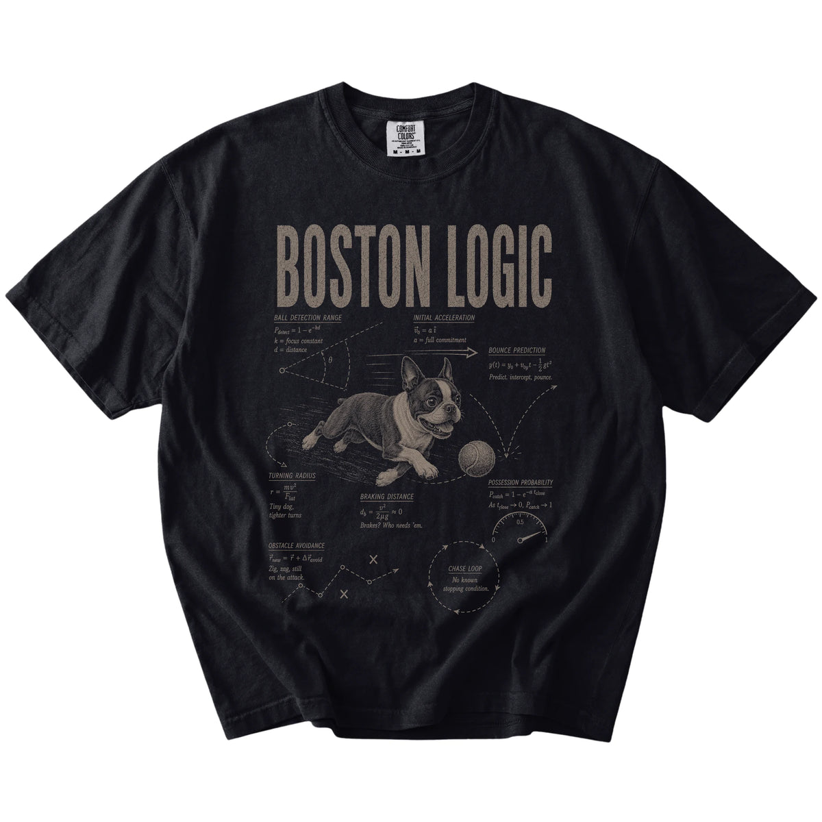 Black Boston Terrier Ball Logic T-Shirt laid flat