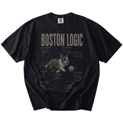 Black Boston Terrier Ball Logic T-Shirt laid flat