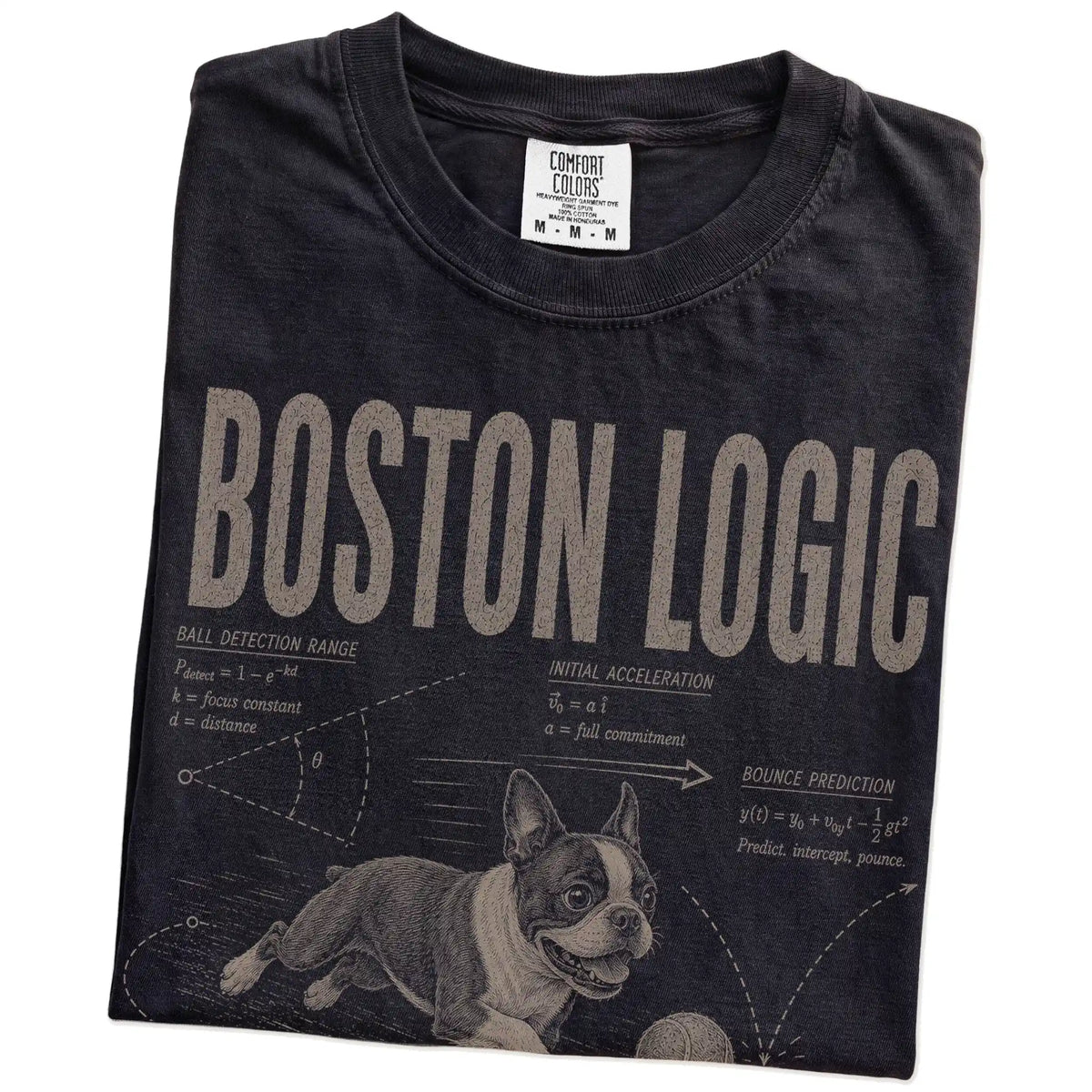 Folded Black Boston Terrier Ball Logic T-Shirt showing the graphic