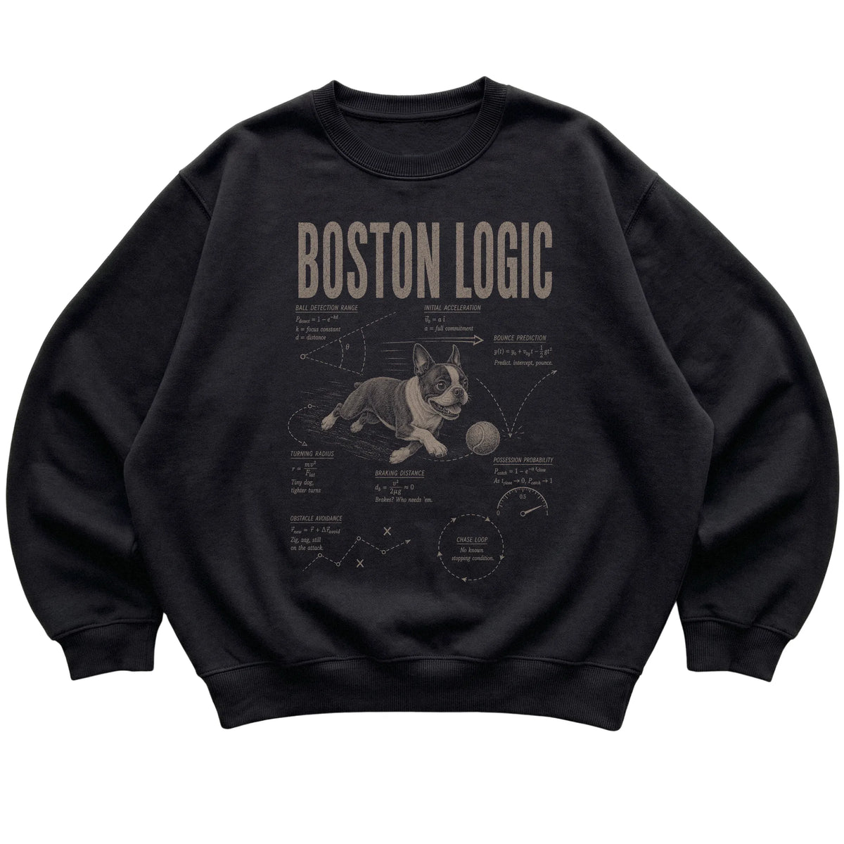 Black Boston Terrier Ball Logic T-Shirt laid flat