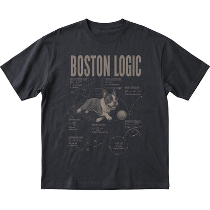 Black Boston Terrier Ball Logic T-Shirt laid flat