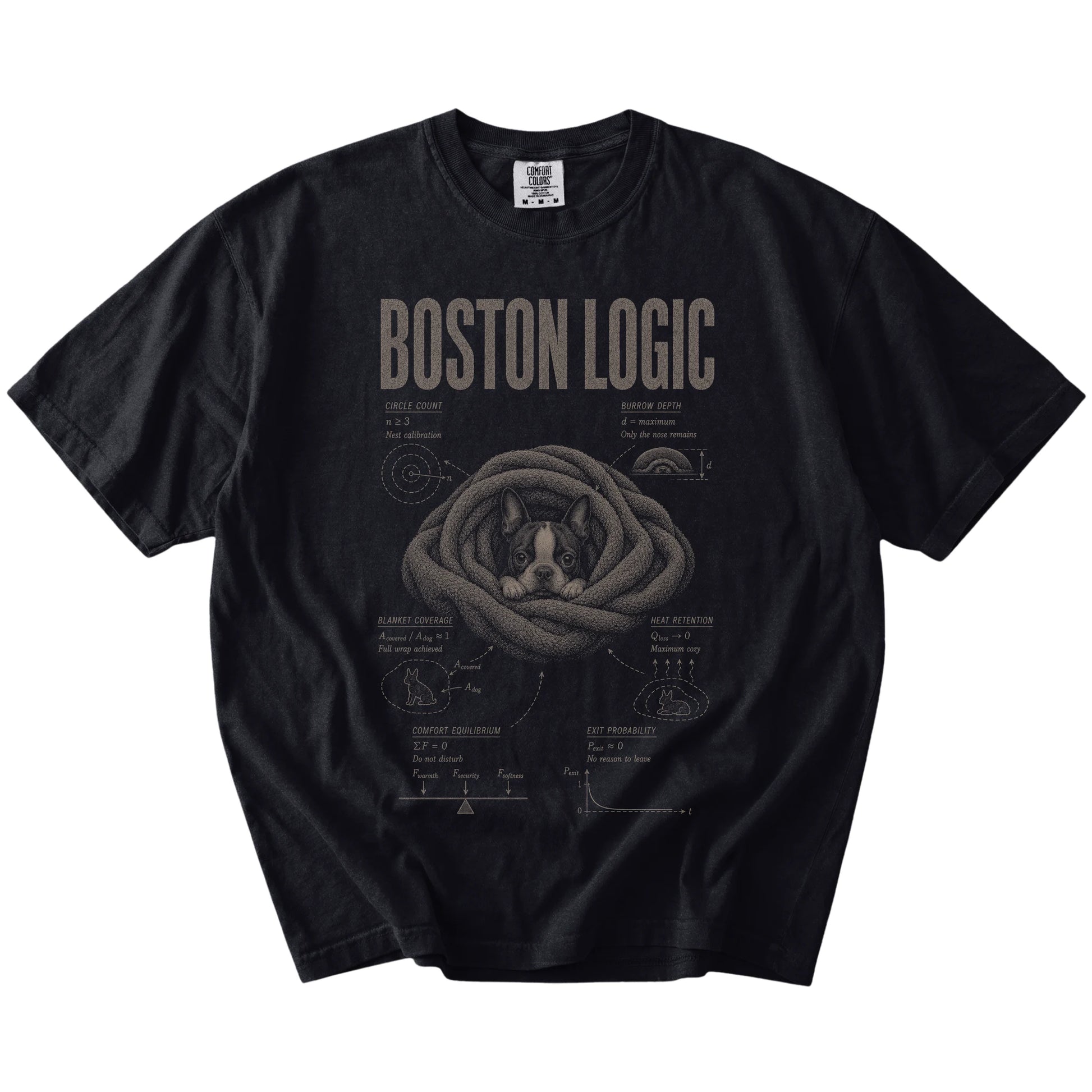 Black Boston Terrier Cuddle Logic T-Shirt laid flat
