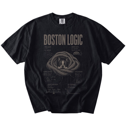 Black Boston Terrier Cuddle Logic T-Shirt laid flat