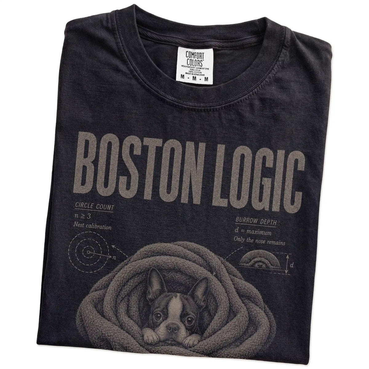 Folded Black Boston Terrier Cuddle Logic T-Shirt showing the graphic