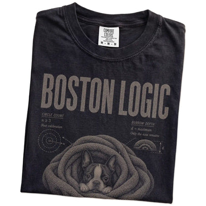 Folded Black Boston Terrier Cuddle Logic T-Shirt showing the graphic