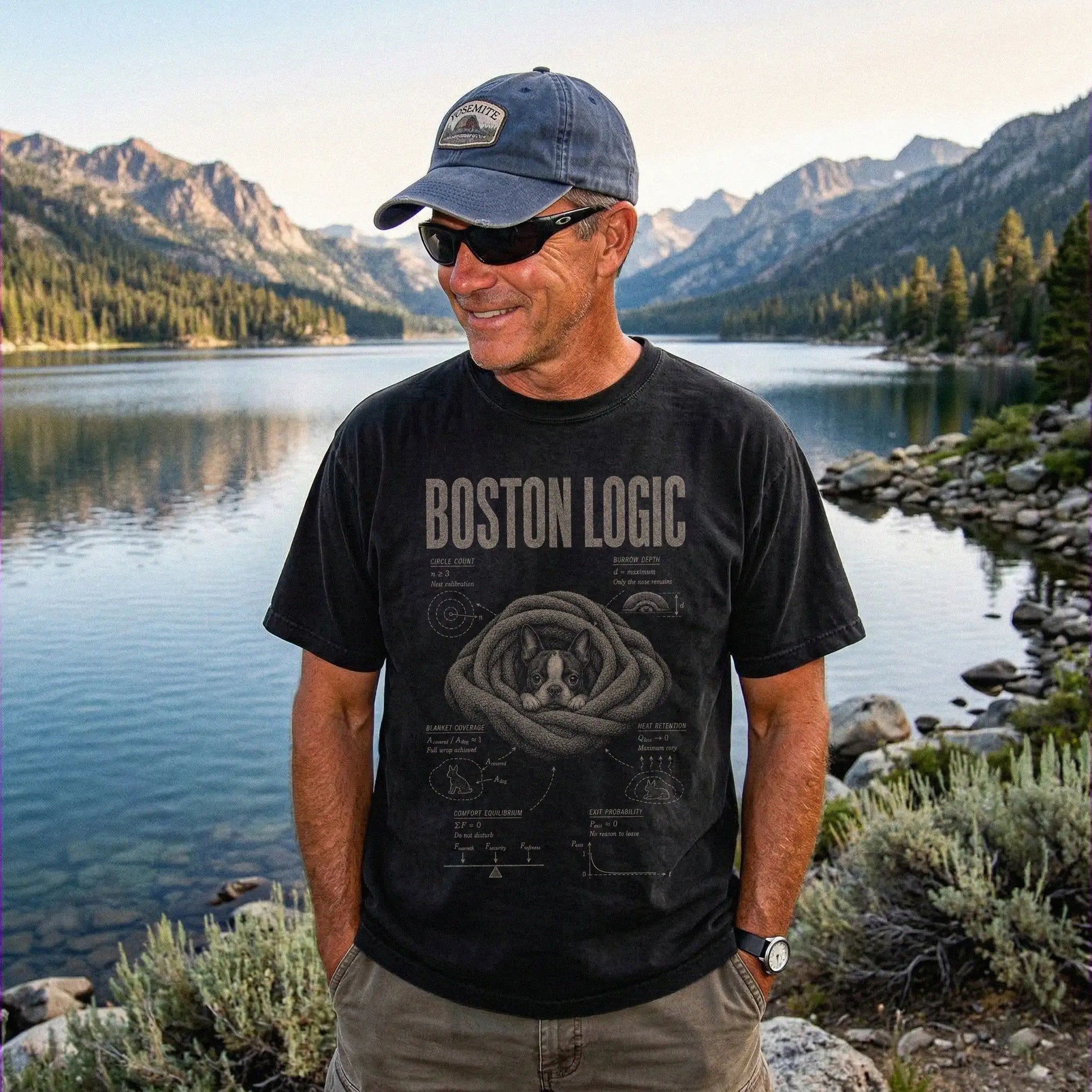Man wearing a Black Boston Terrier Cuddle Logic T-Shirt