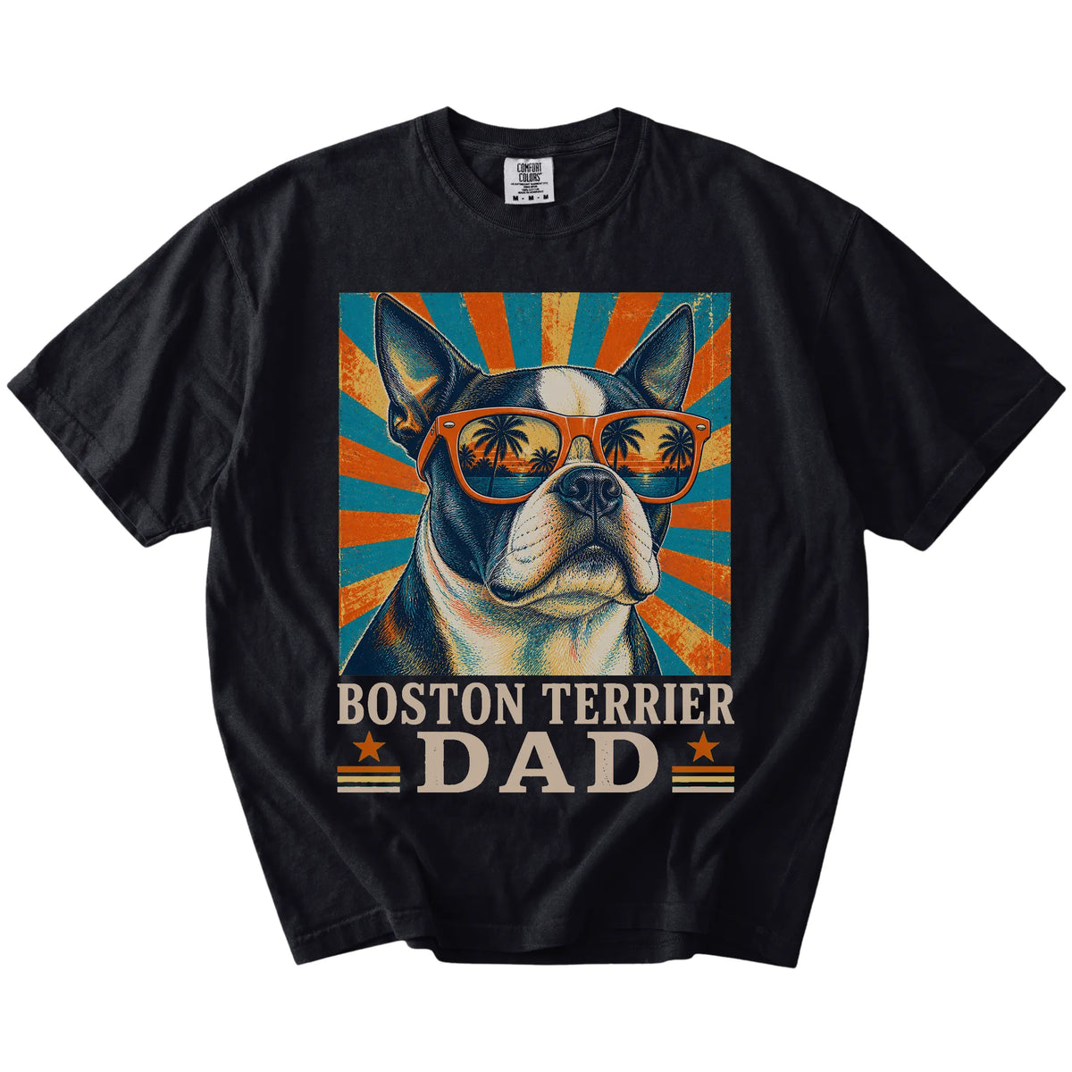 Retro Boston Terrier Dad design on a Black Comfort Colors T-shirt