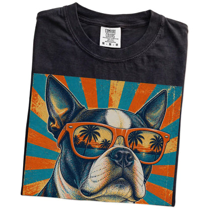 Retro Boston Terrier Dad design on a Black Comfort Colors T-shirt folded detail