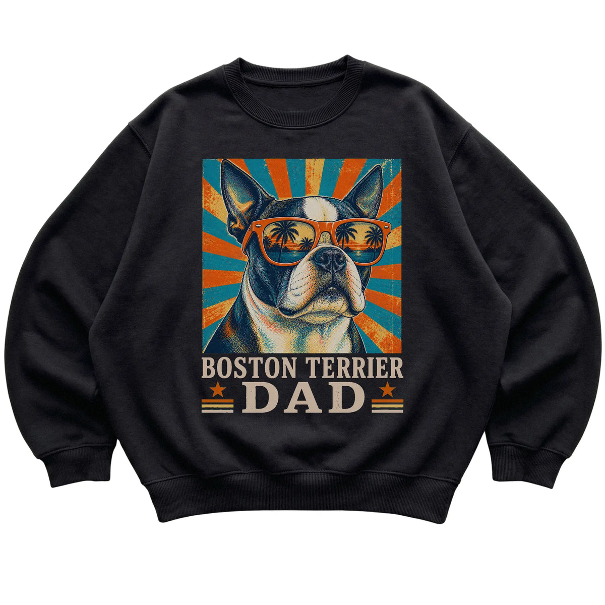 Retro Boston Terrier Dad design on a Black crewneck sweatshirt