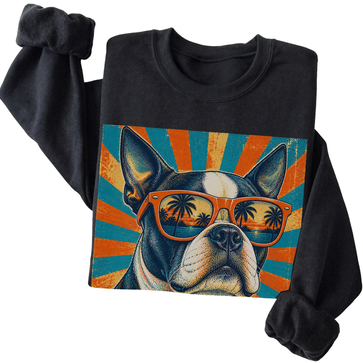 Folded Black crewneck sweatshirt with a Retro Boston Terrier Dad design