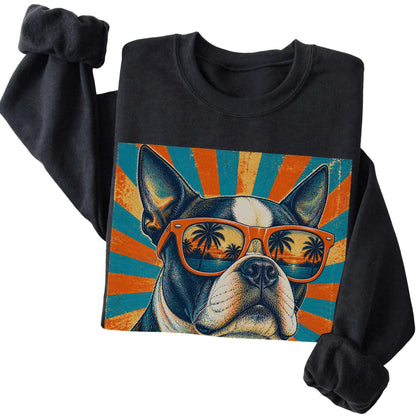 Folded Black crewneck sweatshirt with a Retro Boston Terrier Dad design