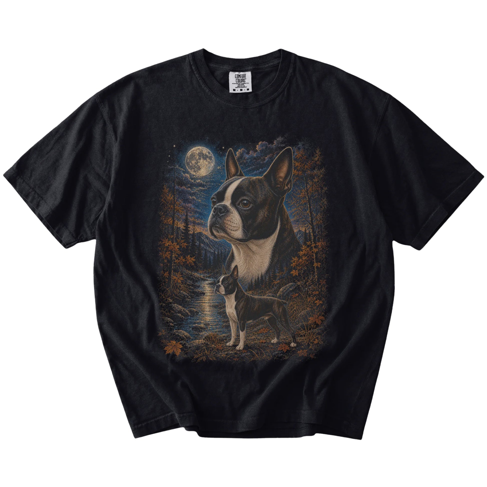 Boston Terrier in a moonlit fall forest scene on a Black Comfort Colors® t-shirt