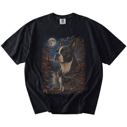 Boston Terrier in a moonlit fall forest scene on a Black Comfort Colors® t-shirt