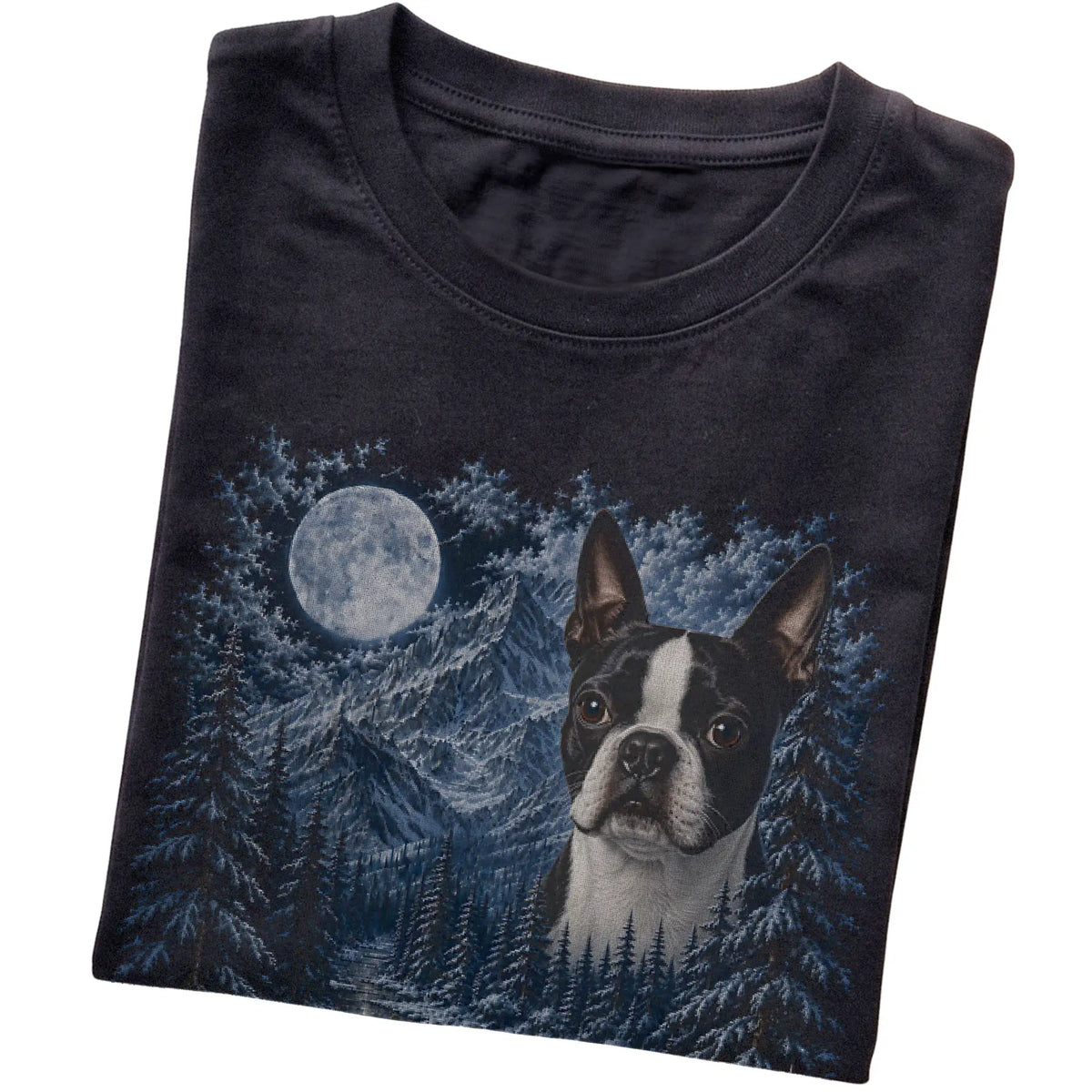 Boston Terrier Forest Moon T-Shirt in Black