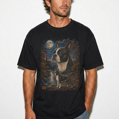 Model wearing a Black Comfort Colors® t-shirt featuring Boston Terrier in a moonlit fall forest