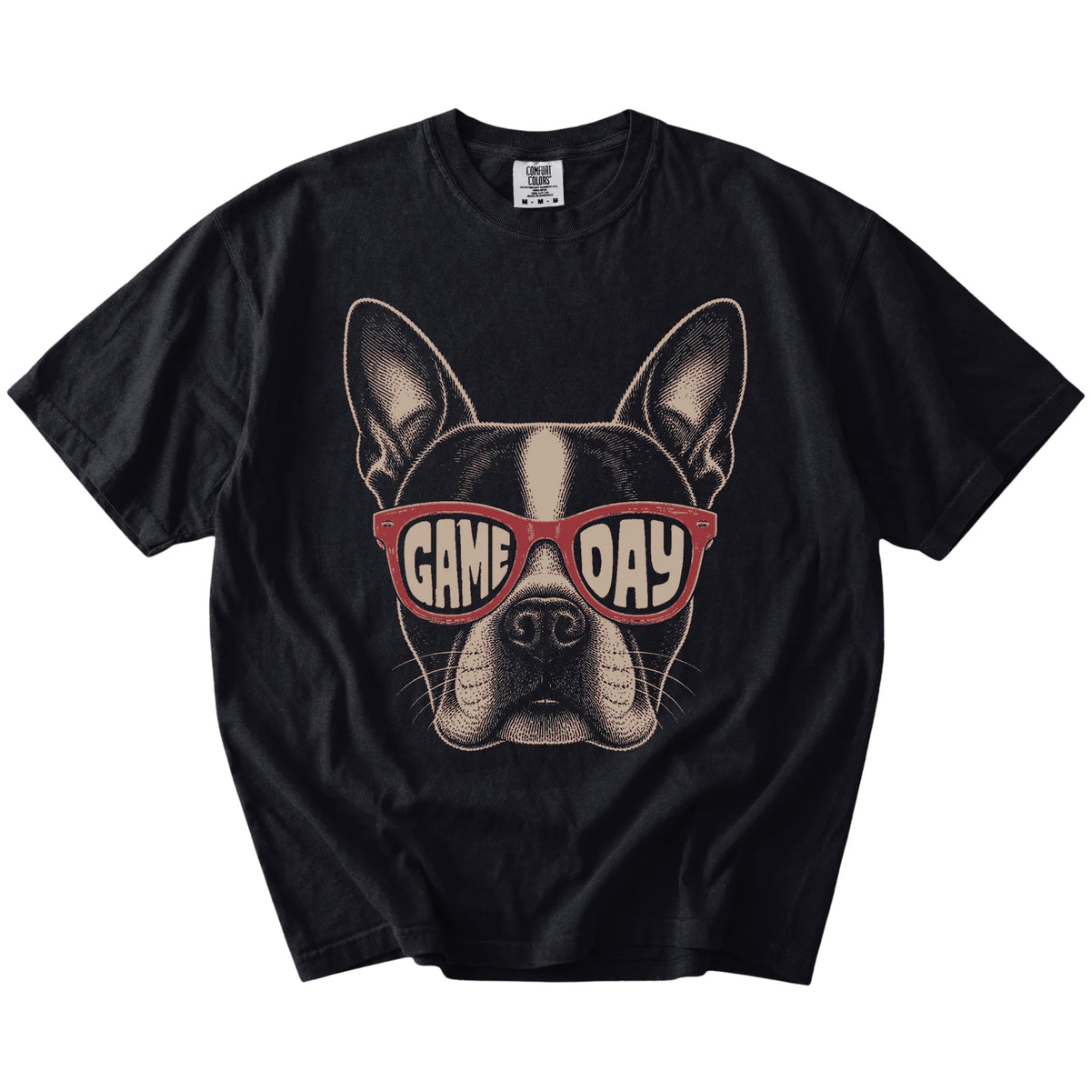 Boston Terrier wearing red Game Day sunglasses on a Black Comfort Colors® T-shirt