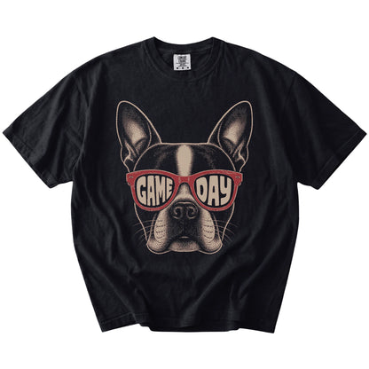 Boston Terrier wearing red Game Day sunglasses on a Black Comfort Colors® T-shirt