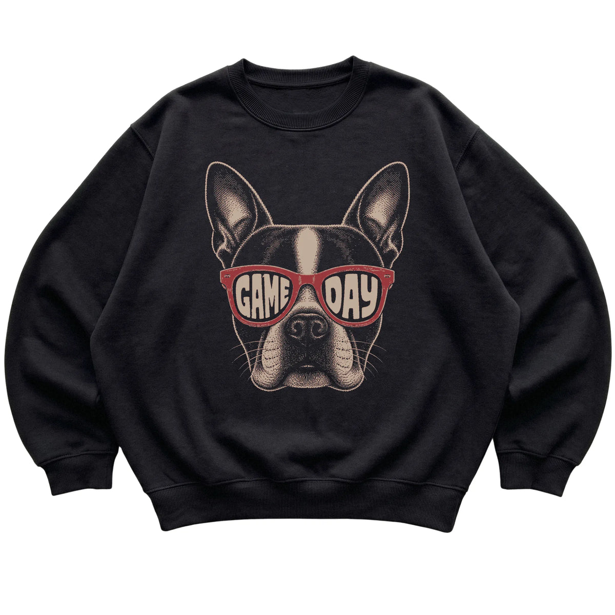 Black Boston Terrier Game Day Sunglasses sweatshirt, laid flat