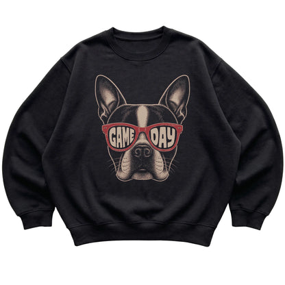 Black Boston Terrier Game Day Sunglasses sweatshirt, laid flat