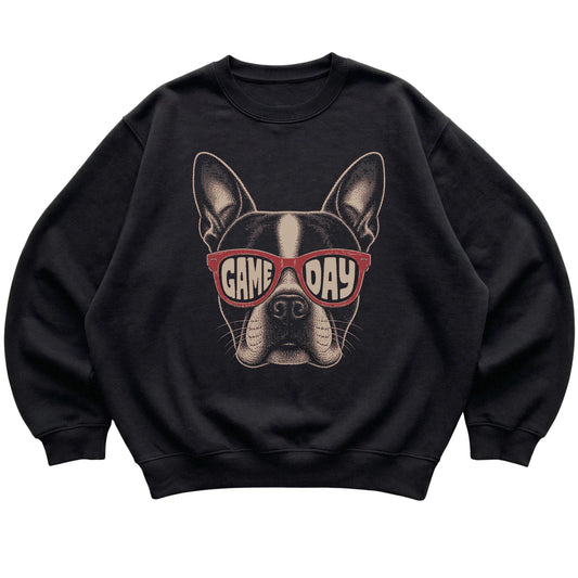 Black Boston Terrier Game Day Sunglasses sweatshirt, laid flat