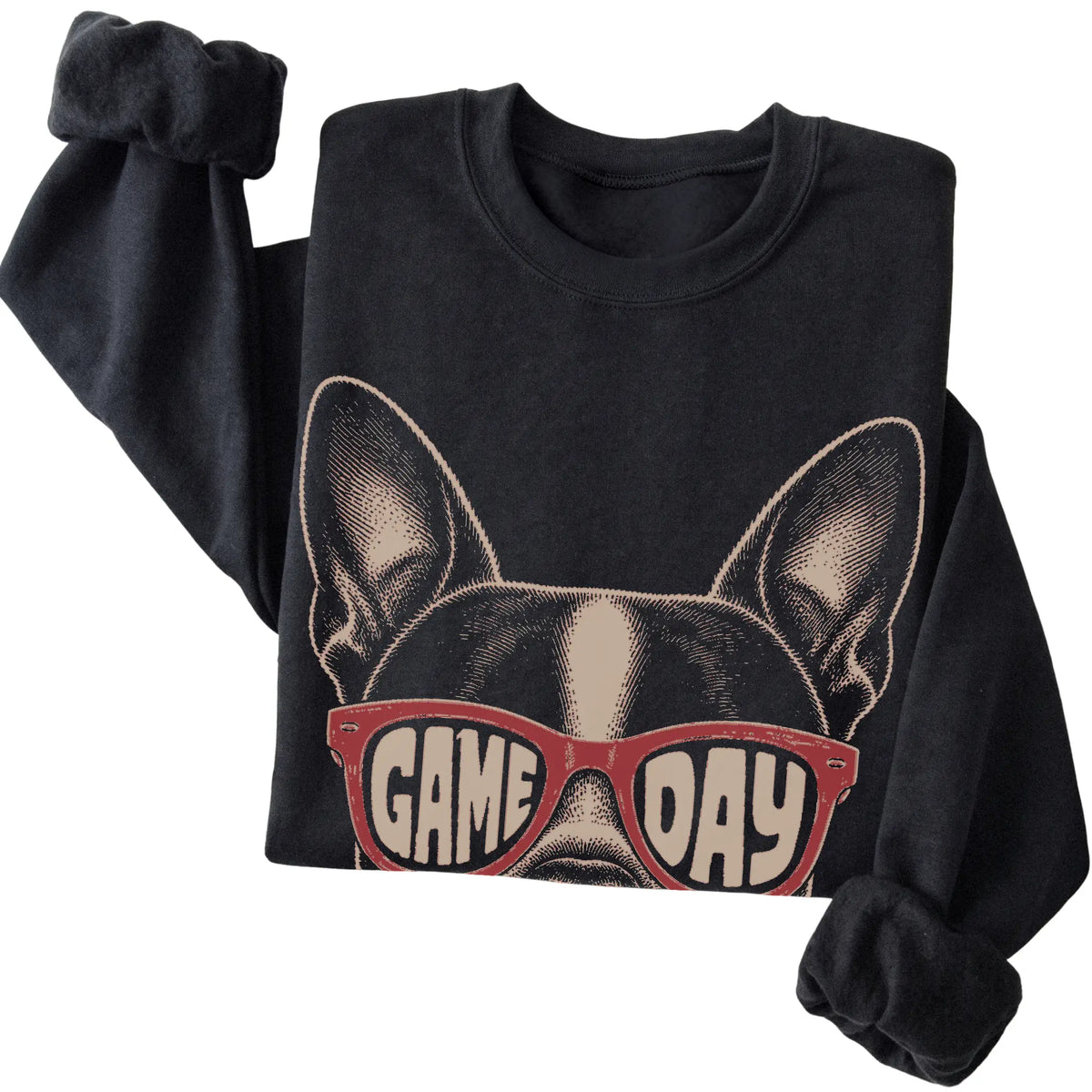 Black Boston Terrier Game Day Sunglasses sweatshirt, folded