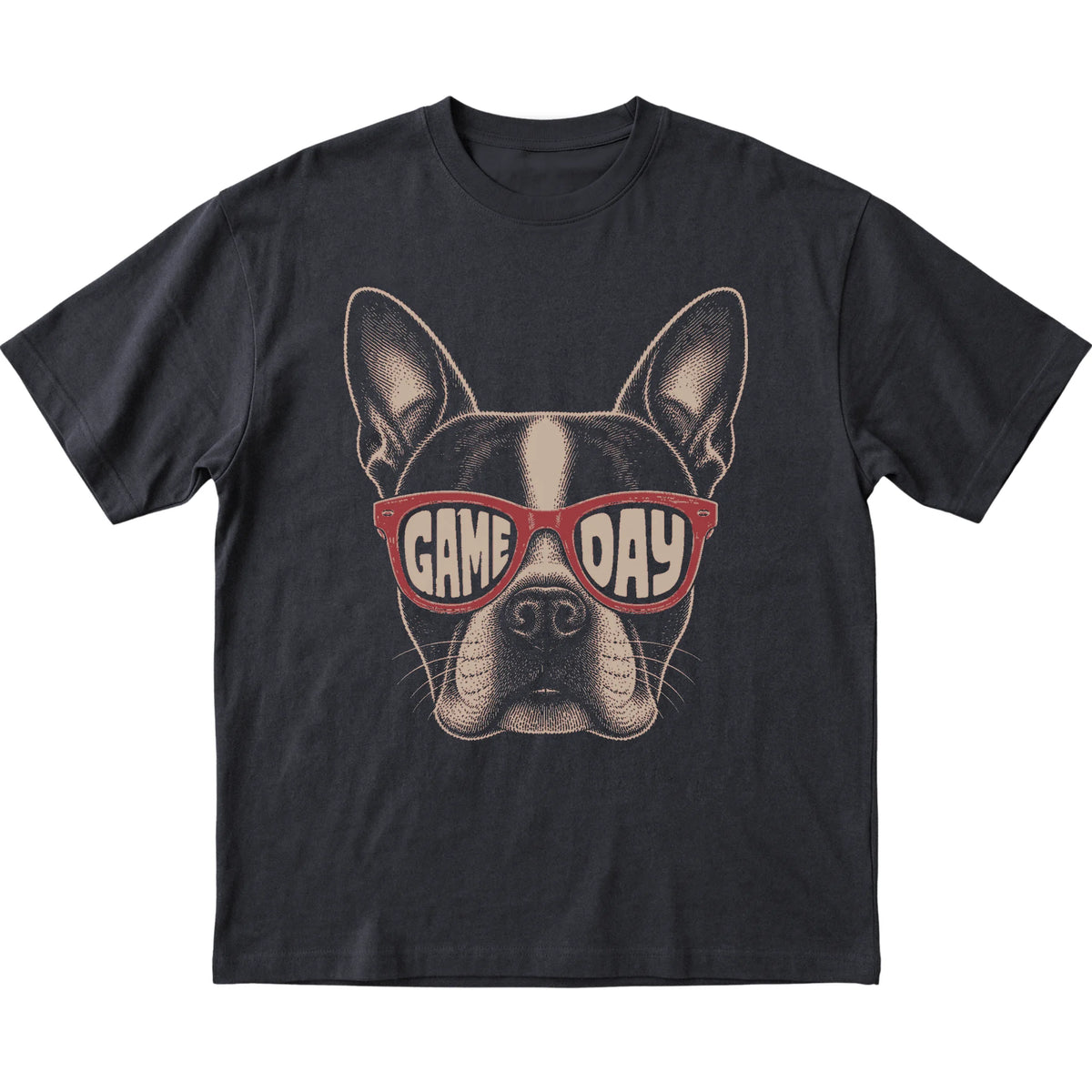 Black Boston Terrier Game Day Sunglasses T-shirt, laid flat