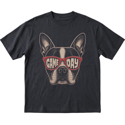 Black Boston Terrier Game Day Sunglasses T-shirt, laid flat