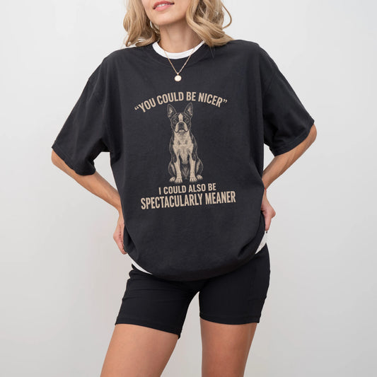 Boston Terrier Guard Dog T-Shirt in Black worn in a studio setting